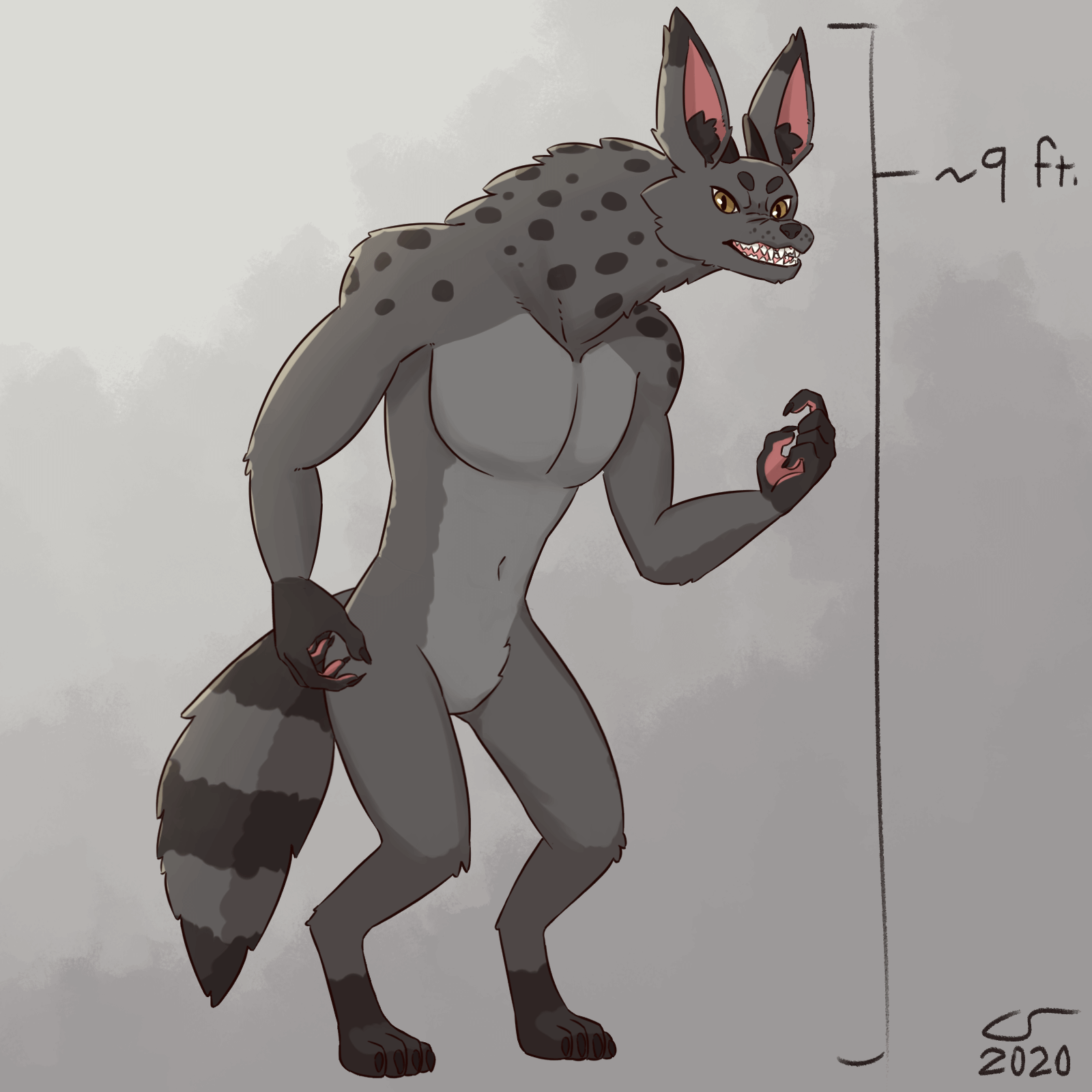 Concept sketch of a strange, anthropomorphic character of indeterminate species, something like a hyena with the tail of a raccoon, horns of a goat, and an unusually long neck and ears.